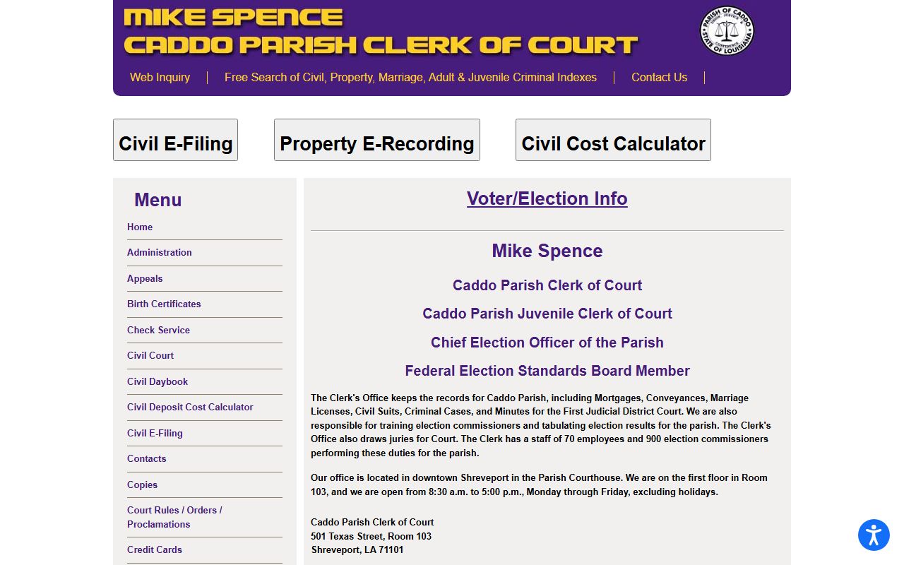 Caddo Parish Clerk of Court website for residents directory records
