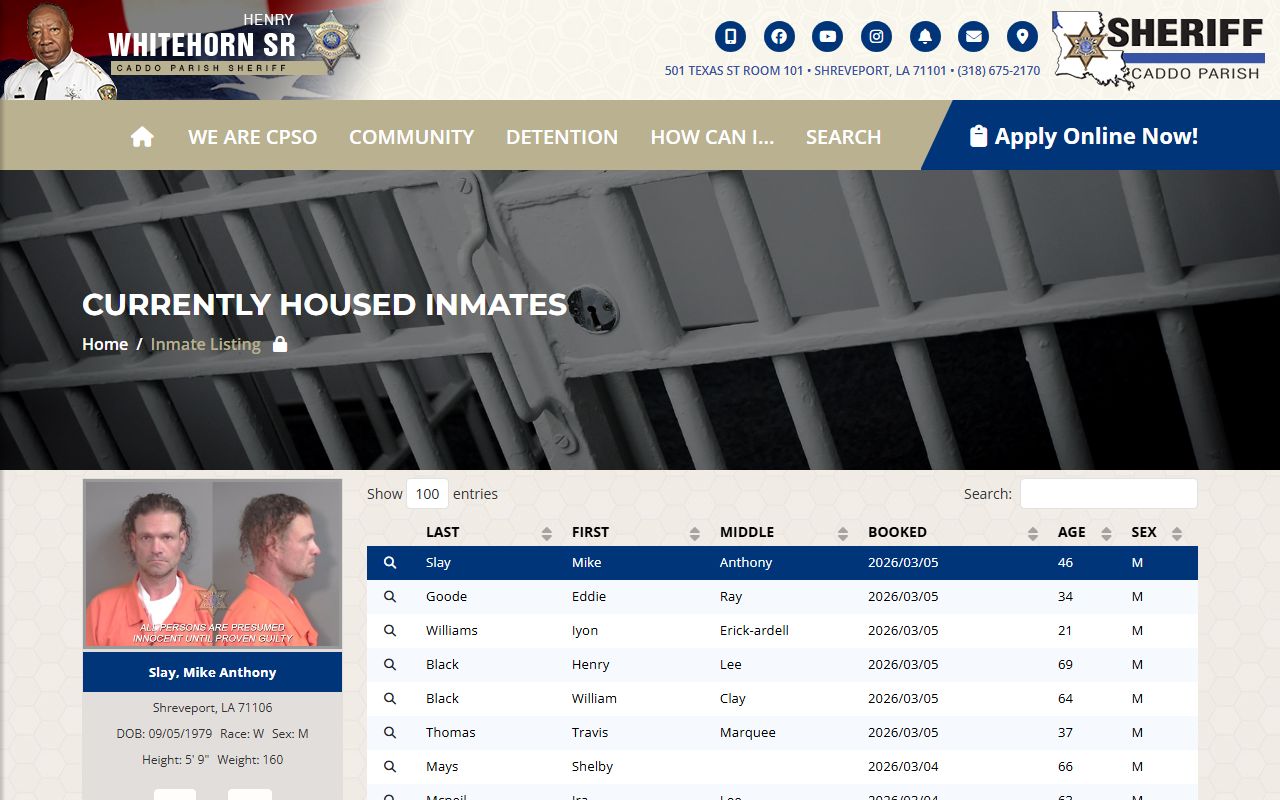 Caddo Parish Sheriff inmate lookup for residents directory search