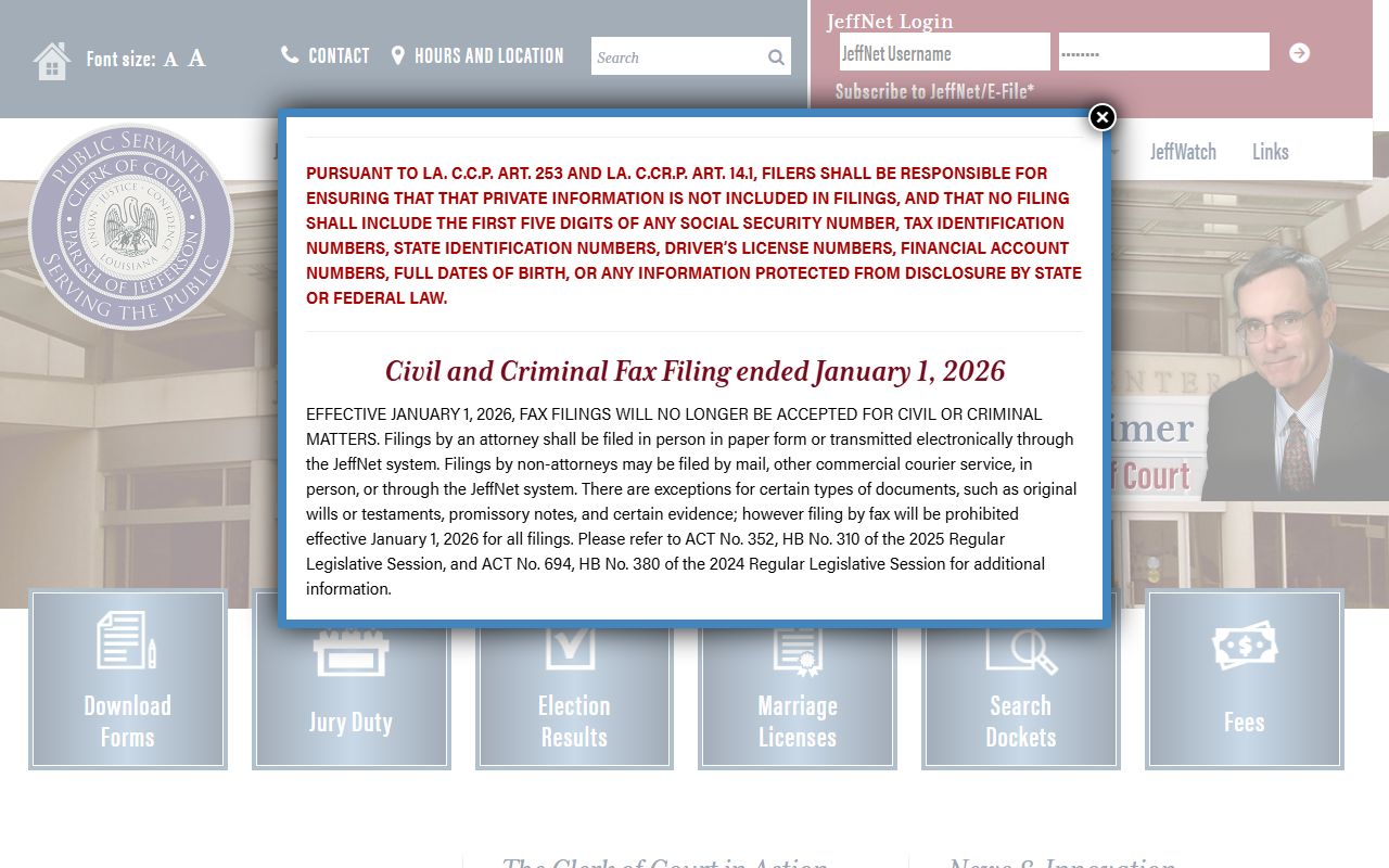 Jefferson Parish Clerk of Court main website for residents directory searches