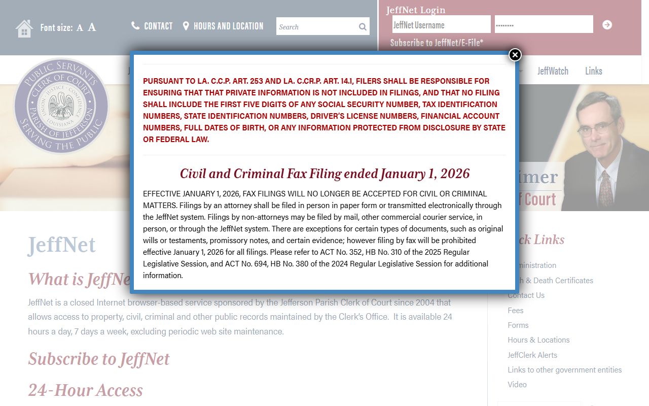 JeffNet login page for Jefferson Parish residents directory online records