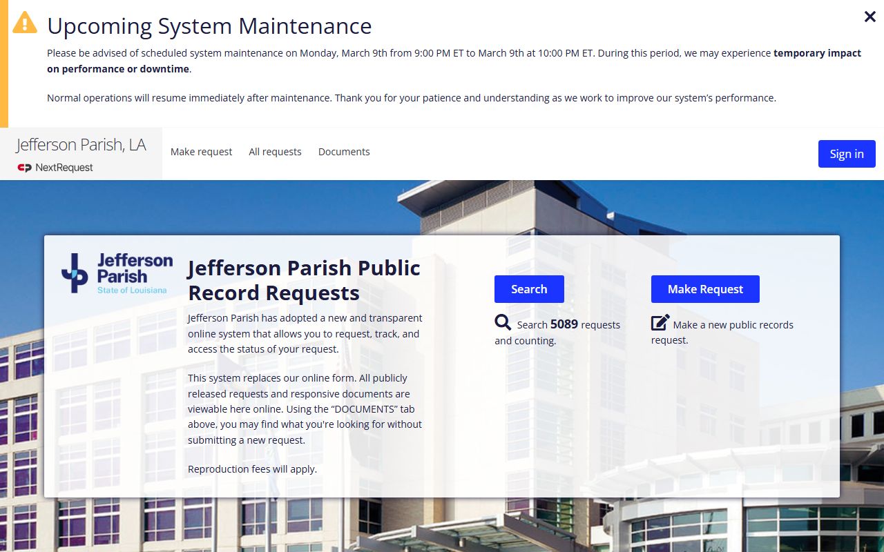 Jefferson Parish public records request portal for residents directory information