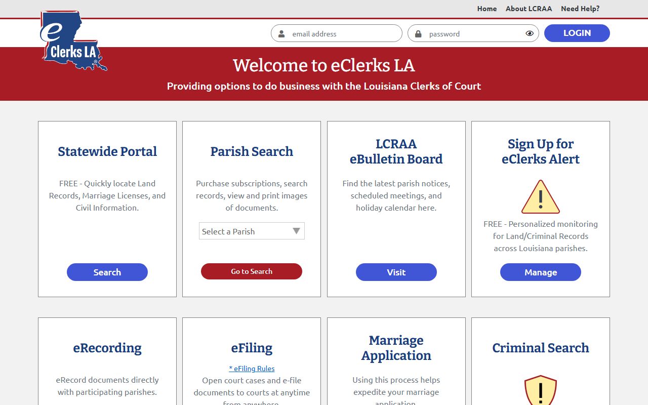 eClerks LA statewide records portal for Louisiana residents directory